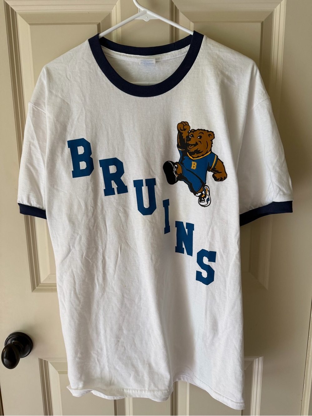 White Bruins Ringer Tee with Mascot Graphic